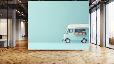 Blue Food Truck with Striped Awning and Displayed Goods Wall mural