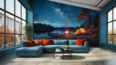 Camping under the Stars: A cozy campsite under a starry night sky, with a crackling campfire and silhouetted tents, conveying the joy of outdoor camping Wall mural