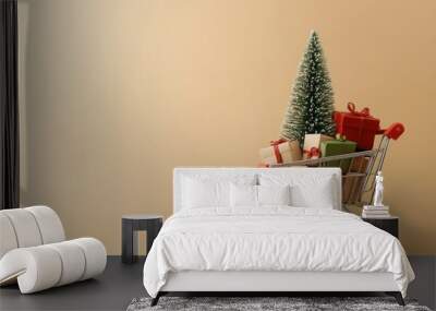 Christmas Tree and Gifts in Shopping Cart Wall mural