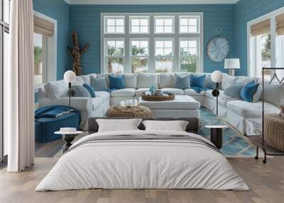 Coastal Living Room A beach-inspired living room with white and blue decor, wicker furniture, and nautical accessories. Include a large window with a view of the ocean.  Wall mural