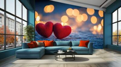 Colorful Hearts Against Soft Background with Bokeh Lights Wall mural