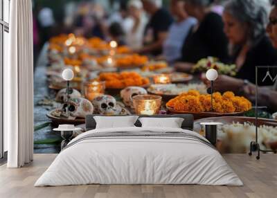 Day of the Dead Altar: A detailed shot of an ofrenda, or altar, decorated with marigolds, candles, sugar skulls, and photos of deceased loved ones. Wall mural