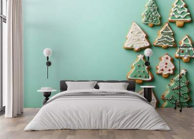 Decorated Christmas Cookies on Mint Green Background Wall mural