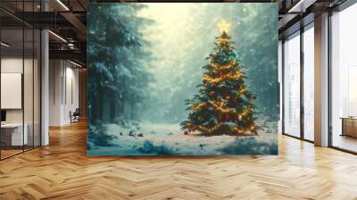 Decorated Christmas Tree in a Snowy Forest Wall mural