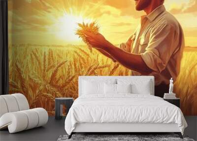 Farmer in a Wheat Field: A farmer standing in a golden wheat field, holding a handful of freshly harvested wheat stalks. The sun is setting in the background, casting a warm, golden glow over the scen Wall mural