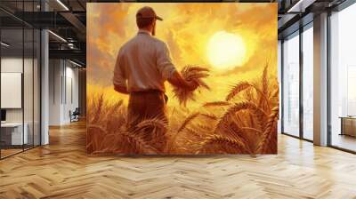 Farmer in a Wheat Field: A farmer standing in a golden wheat field, holding a handful of freshly harvested wheat stalks. The sun is setting in the background, casting a warm, golden glow over the scen Wall mural