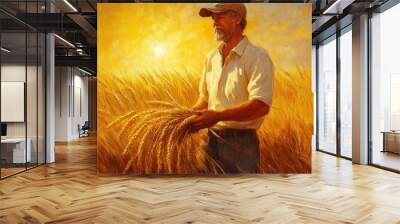 Farmer in a Wheat Field: A farmer standing in a golden wheat field, holding a handful of freshly harvested wheat stalks. The sun is setting in the background, casting a warm, golden glow over the scen Wall mural