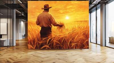 Farmer in a Wheat Field: A farmer standing in a golden wheat field, holding a handful of freshly harvested wheat stalks. The sun is setting in the background, casting a warm, golden glow over the scen Wall mural