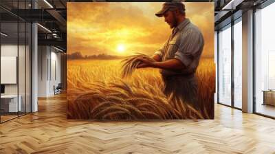 Farmer in a Wheat Field: A farmer standing in a golden wheat field, holding a handful of freshly harvested wheat stalks. The sun is setting in the background, casting a warm, golden glow over the scen Wall mural