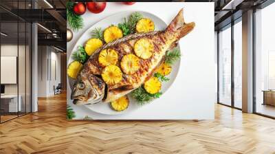 Grilled Fish with Pineapple Slices and Christmas Decorations Wall mural