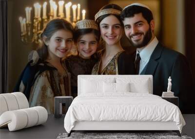 Hanukkah Family Portrait: A formal portrait of a Jewish family dressed in traditional clothing, standing together with a lit menorah in the background, symbolizing unity and tradition. Wall mural