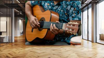 Latino Musicians: A close-up of hands playing traditional Latin instruments like the guitar, maracas, or congas, emphasizing the musical heritage. Wall mural