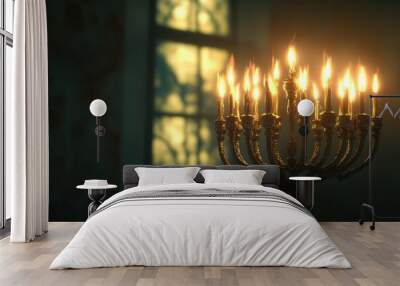 Menorah Lit with All Candles: A close-up shot of a beautifully designed menorah with all nine candles lit, their flames glowing warmly in a dimly lit room, with soft shadows cast on the wall behind Wall mural