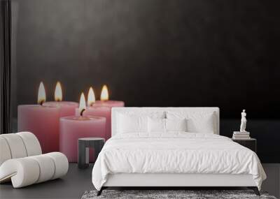 Pink Candle Vigil: A serene image of several pink candles burning in a row, with soft, warm light casting gentle shadows. The candles should be arranged on a reflective surface, and the flames should  Wall mural