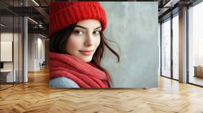 Portrait of a Young Woman Wearing a Red Knit Hat and Scarf Wall mural