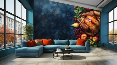 Roasted Turkey with Autumn Fruits and Greens on a Blue Background Wall mural