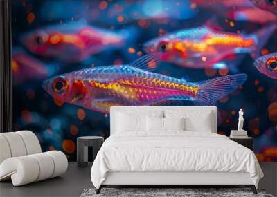 School of Neon Tetras with glowing bodies, perfect for freshwater aquarium themes. Wall mural