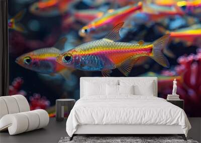 School of Neon Tetras with glowing bodies, perfect for freshwater aquarium themes. Wall mural