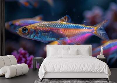 School of Neon Tetras with glowing bodies, perfect for freshwater aquarium themes. Wall mural