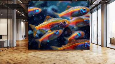 School of Neon Tetras with glowing bodies, perfect for freshwater aquarium themes. Wall mural