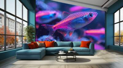 School of Neon Tetras with glowing bodies, perfect for freshwater aquarium themes. Wall mural