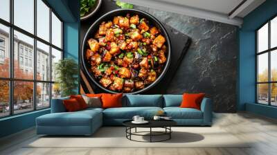 Stir-fried Eggplant with Chili Peppers and Cilantro in a Black Bowl Wall mural