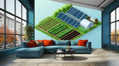 Sustainable Farming Practices: A modern, eco-friendly farm with solar panels, greenhouses, and organic crops growing in neat rows. The farmer is using sustainable tools, such as a compost bin or rainw Wall mural