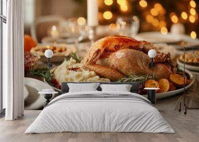 Traditional Thanksgiving Dinner: A beautifully set table with a golden-brown roasted turkey at the center, surrounded by classic Thanksgiving dishes like mashed potatoes, cranberry sauce, green beans, Wall mural