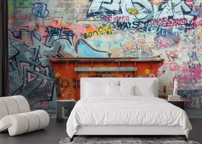 trash can sits in front of a graffiti-covered wall. colorful and chaotic environment Wall mural