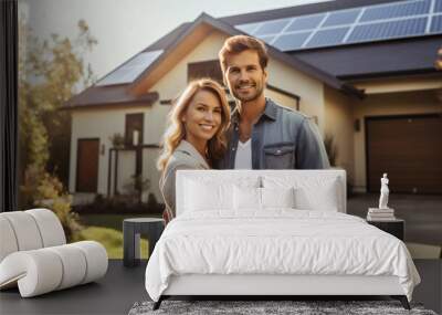 A happy couple stands grinning in the driveway of a spacious home equipped with solar panels, against a modern background. Real estate new home concept.

Generative AI Wall mural