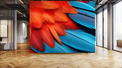 Closeup of a vibrant parrot. Background of parrot feathers showcasing a red and blue exotic texture.

Generative AI. Wall mural