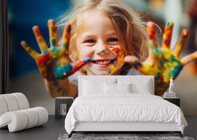 Young girl engaging with colorful paints, hand covered in vibrant hues. Concept of creative and happy childhood against a modern background.

Generative AI Wall mural