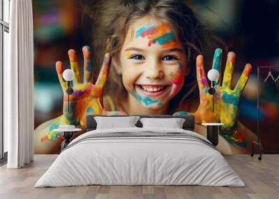 Young girl engaging with colorful paints, hand covered in vibrant hues. Concept of creative and happy childhood against a modern background.

Generative AI Wall mural