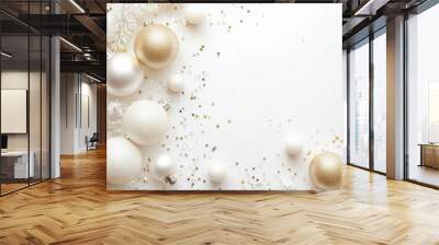 White and Gold Christmas Ornaments with Confetti on White Background Wall mural