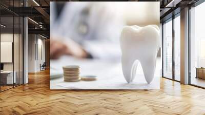 White Tooth Model on a Table with Coins and a Blurred Dentist in the Background Wall mural