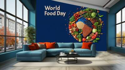 World Food Day Poster: A creative design featuring the Earth made up of various food items fruits, vegetables, grains, and spices. The text 