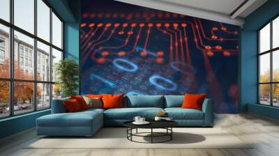 Abstract technology background with digital data binary code and electronic circuit board (PCB) microchip processing information signal, hi-tech and robotic automation concept Wall mural