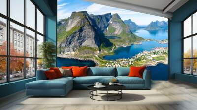 Aerial panoramic view of Reine, Lofoten, Norway, sunny arctic summer Wall mural