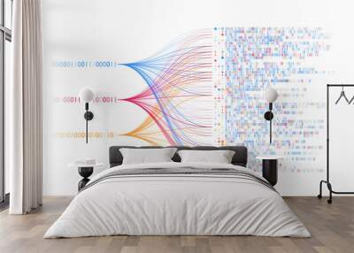 Big data technology and data science automated with AI for business analytics. Data flow for mining, querying, analysing, visualizing complex information. Neural network for artificial intelligence. Wall mural