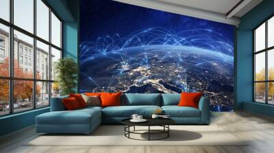 Communication technology with global internet network connected in Europe. Telecommunication and data transfer european connection links. IoT, finance, business, blockchain, security. Wall mural