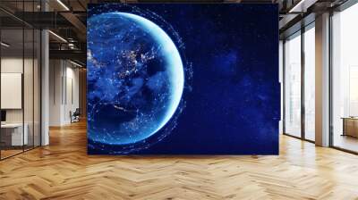 Connected network around planet Earth from space for global communication technology concept in Asia as Internet of Things, mobile web, fintech blockchain, big data, cloud, world element from NASA Wall mural