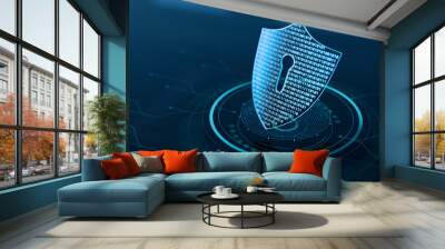 Cyber security and data protection on internet. Shield, secure access and encrypted connection protecting online information. Password protected system. Cybersecurity technology. Holographic icon. Wall mural