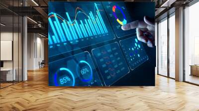 Data analyst working on business analytics dashboard with charts, metrics and KPI to analyze performance and create insight reports for operations management on virtual screen. Wall mural