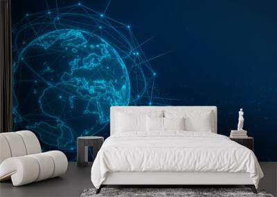 Data technology for global connections, business analytics, financial data, communications, data science and AI. Telecommunication satellites orbiting around Earth. Space innovation. Illustration. Wall mural