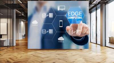 Edge computing technology with distributed network performing computation and data storage near the user instead of in the cloud, internet service for IoT, gamelets and AI recognition, concept Wall mural