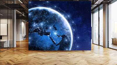 Global communication network around planet Earth in space, worldwide exchange Wall mural