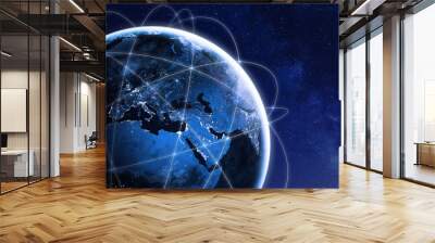 global connectivity concept with worldwide communication network connection lines around planet eart Wall mural