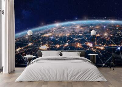 Global telecommunication network, nodes connected around earth, internet, worldwide communication Wall mural