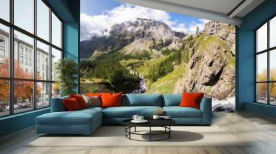 Panorama of torrent stream, lake, green valley in Alps mountains Wall mural