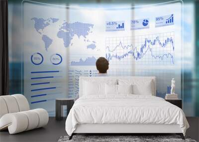 Person using futuristic HUD interface, KPI and BI, technology, data Wall mural